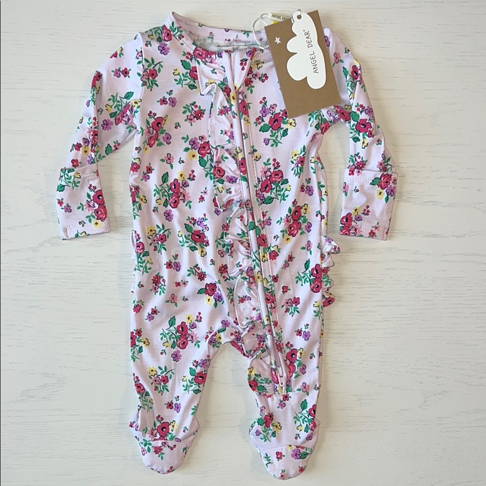 Angel Dear Bamboo Ruffle Footie Preppy Roses 0-3 3-6 6-9 months